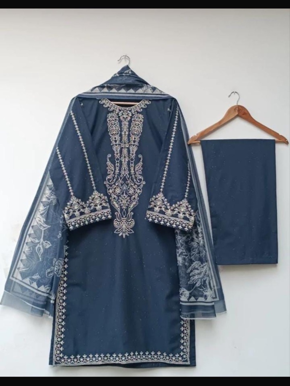 Navy Embroidered Tunic Panel with Ivory Threadwork